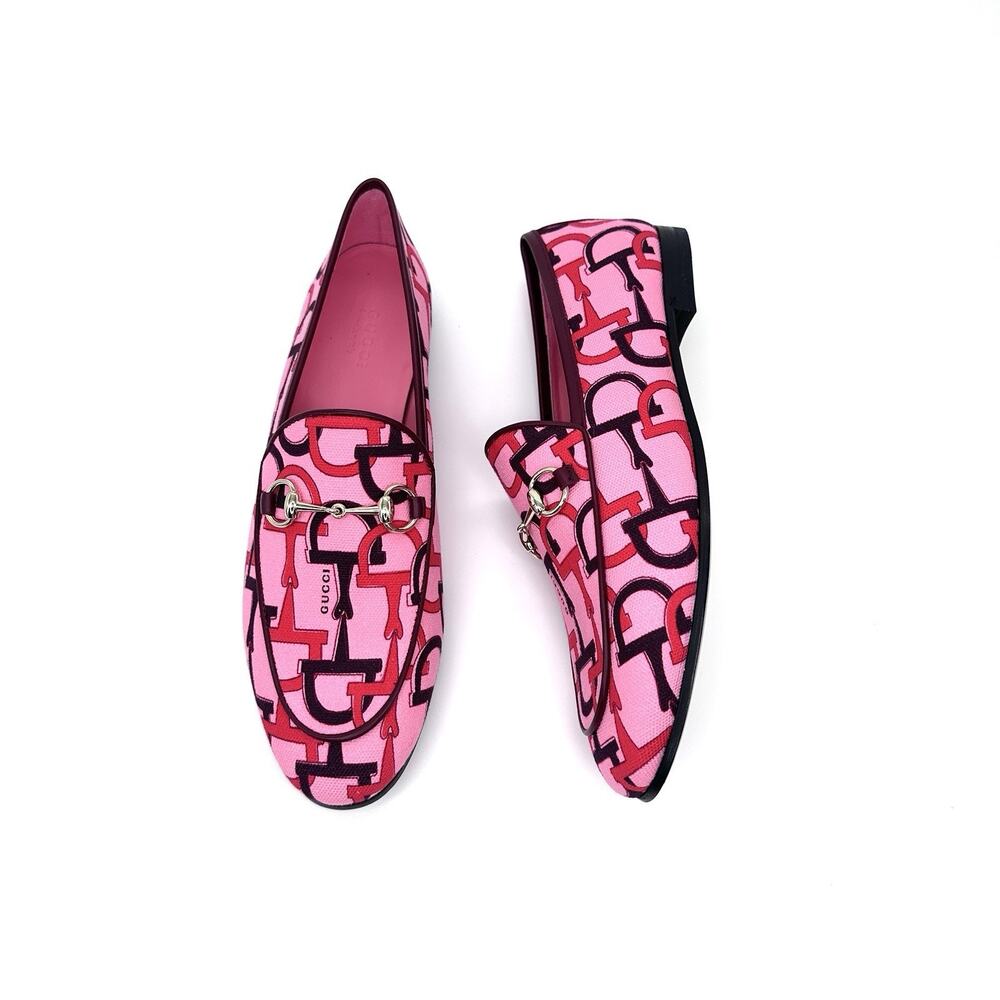 NIB Gucci Jordaan Loafers EU 37.5 US 7.5 Horsebit Print Pink Multi $1,050